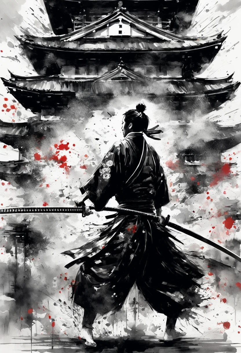 Ink painting,Ink Painting,Black and white painting,splash,Dynamic movement and powerful brushstrokes、smile,Medium Hair,Samurai,Black kimono,,outstretched arms,Background: Osaka Castle seen in the distance,(Intense sword fighting scene),Drawing strokes drawn with rot ring 0, Draw the perfect line.