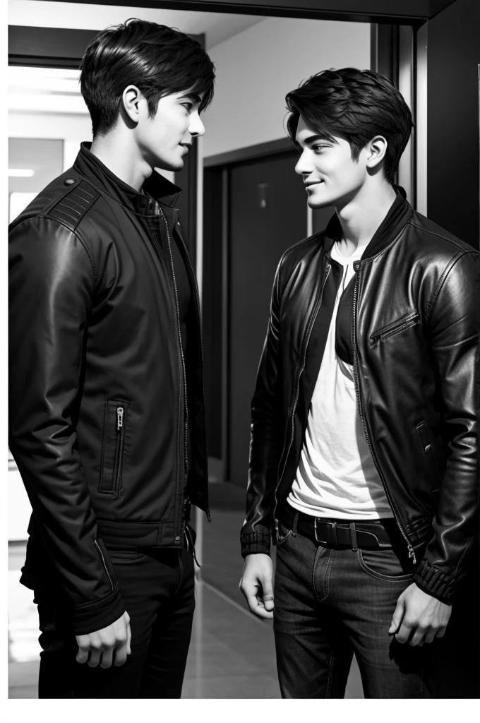Drawing in anime style, in black and white, with shading. In the image, a young man and an adult look at each other. The adult smiles while the young man looks a little scared. The young man is wearing a somewhat torn jacket, and the adult wears a futuristic metal breastplate. In the background, There is a large double door that is open, showing a deep black interior.