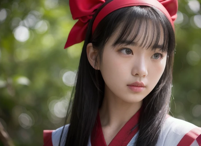 nakorurums, red bow, bow, red hairband, hairband, hair fringe, long hair, ainu clothes, fingerless gloves, short sleeves, kunoichi, katana zero video game character, amaterasu, skin pores texture, cute, wrinkled skin, sharp, 15 years old, (Asian girl:1.2), (Realistic hair:1.2), (realistic eyes:1.2), (Beauty face:1.3), (detailed face and eyes):1.2, (freckles:0.5), perfect body, perfect hands, perfect face, perfect eyes, (((full body))), Best quality, ultra highres, (realistic, photo-realistic:1.33), (8k, RAW photo, best quality, masterpiece:1.2), wide shot, 135mm, Canon, UHD, textured skin, super detail, high details, high quality, best quality, highres, 16k