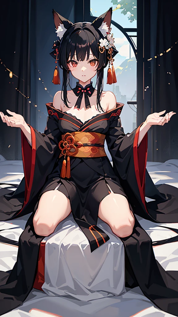 Black hair and fox ears、anime、One woman、Black Ribbon、kimono、kimono、Hime cut、anime tone、beautiful girl、best quality、high quality、good anatomy、good hands、good body、sitting down、On the white bed、Facing front、adult-like