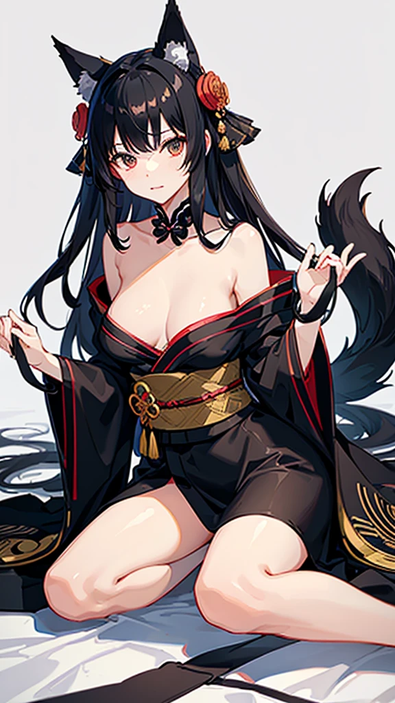 Black hair and fox ears、anime、One woman、Black Ribbon、kimono、kimono、Hime cut、anime tone、beautiful girl、best quality、high quality、good anatomy、good hands、good body、sitting down、On the white bed、Facing front、adult-like