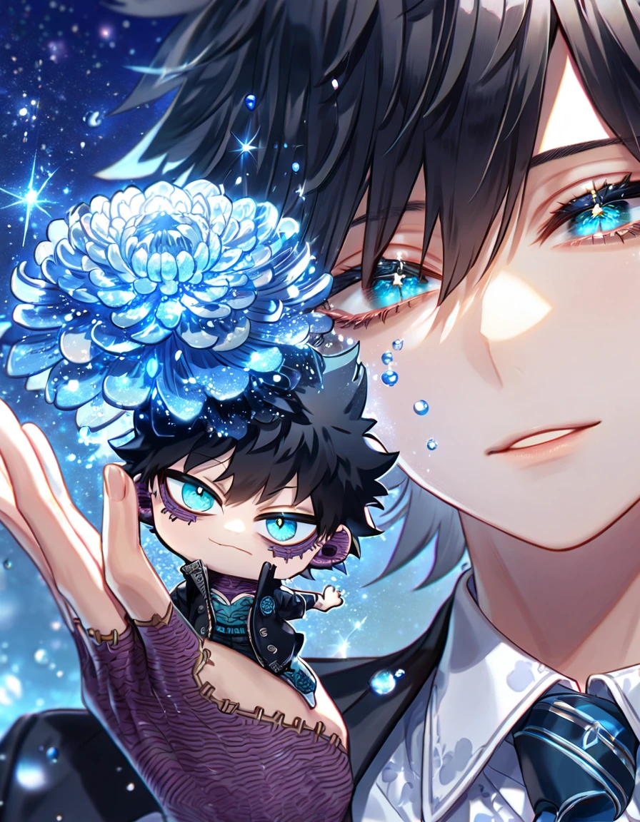 absurdres, highres, ultra detailed, HDR, master piece, best quality, extremely detailed, Dabi chibi, black hair, expressive turquoise eyes, Boku No Hero Academia, solo, boy, cute, black coat, fantasy, water, sparkling, blue glittering fireflies, blue moon, blue blossoms, blue chrysanthemums, blue sparkling lights, starry sky
