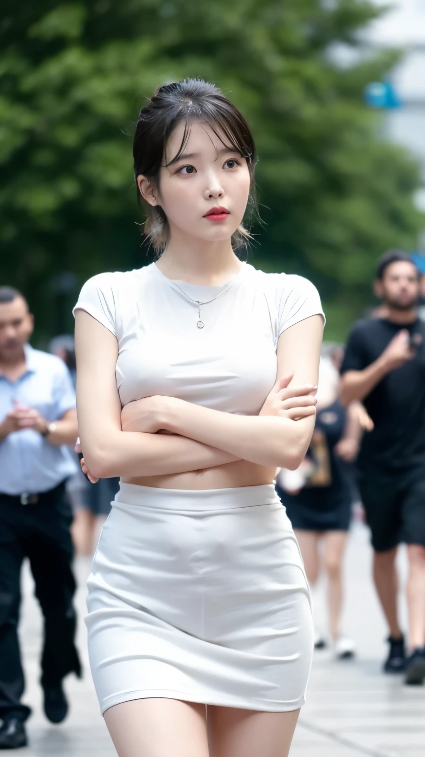 (Best quality, 8k, 32k, Masterpiece, UHD:1.2), 1girl, beautiy Japanese woman, wearing a microskirt and a white see through t-shirt 