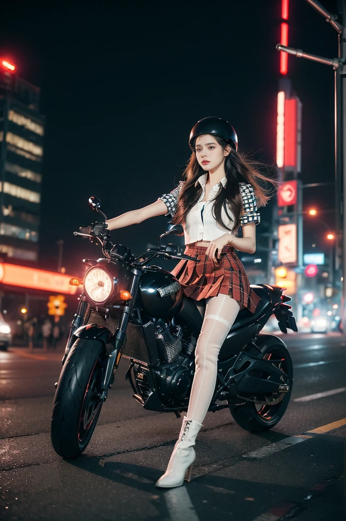 (((best quality))),(((ultra detailed))),(((masterpiece))),illustration,(1 beautiful girl,solo),((slim,thin)),((small breasts,flat chest)),(safety helmet:1.3),shoulder length straight bob hair,slender legs,cyberpunk, urban street,high school student, JK outfit,(riding on a motorcycle:1.3), sleek, (white collared short-sleeved shirt:1.3),(gloves:1.2),(red checkered pleated skirt:1.3),(pantyhose:1.3), stylish boots, confidence, determination, dark streets,neon lights, skyscrapers, urban noises, traffic, sirens, city sounds, futuristic, dystopian society, technology, fashion, explosive cocktail, style, , modernity, attitude, spirit, anything is possible,from front