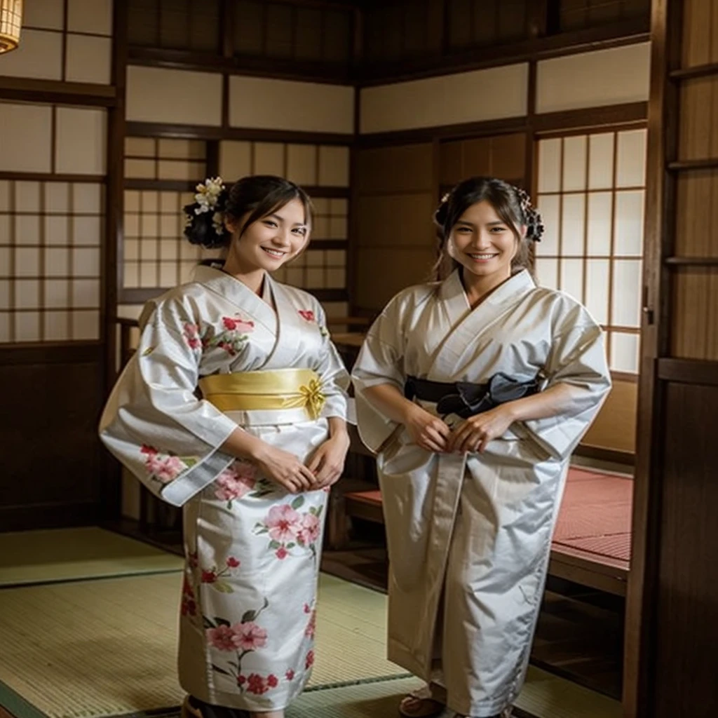 2 beautiful maid wearing kimono, long hair, smiling, realistic, in old japanese house,