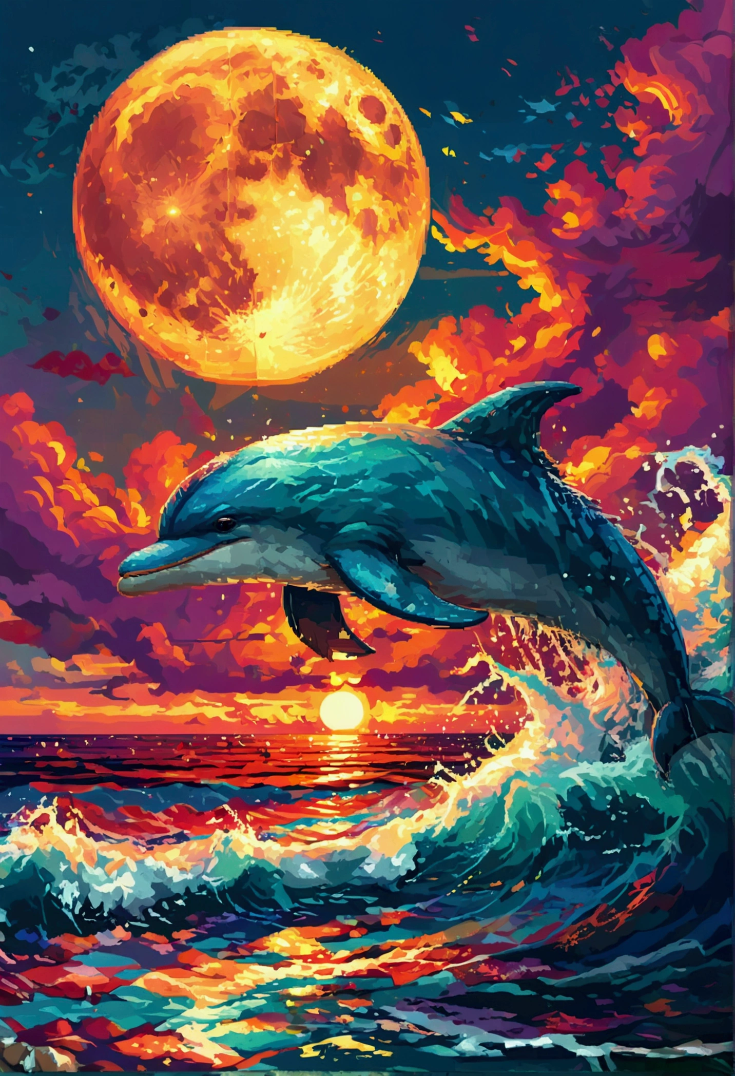 Pixel Art of giant moon rising on calm sea, beautiful 详细的Pixel Art, 详细的Pixel Art, Lofidel Retro Video Games, 概念Pixel Art, 详细的Pixel Artwork, Pixel Art style, Pixel Town, Pixel Art动画, 高品质Pixel Art, Dolphin jumping out of the sea, Ultra-detailed colorful low-polygon art, #Pixel Art:3, # Pixel Art, #Pixel Art
