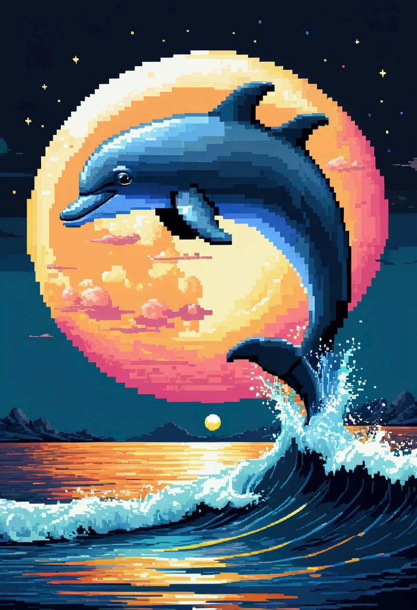 Pixel Art of giant moon rising on calm sea, beautiful 详细的Pixel Art, 详细的Pixel Art, Lofidel Retro Video Games, 概念Pixel Art, 详细的Pixel Artwork, Pixel Art style, Pixel Town, Pixel Art动画, 高品质Pixel Art, Dolphin jumping out of the sea, Ultra-detailed colorful low-polygon art, #Pixel Art:3, # Pixel Art, #Pixel Art