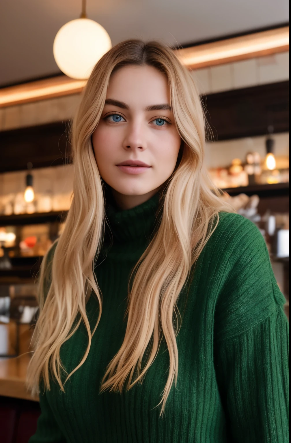 Instagram profile photo, super realistic woman, with a large pronounced bust, green eyes, long blonde hair, wears a red sweater, in a cafe in the snow, you can see her nipples, large, great cleavage, red sweater, cafe , daylight, in a hotel
, huge breasts