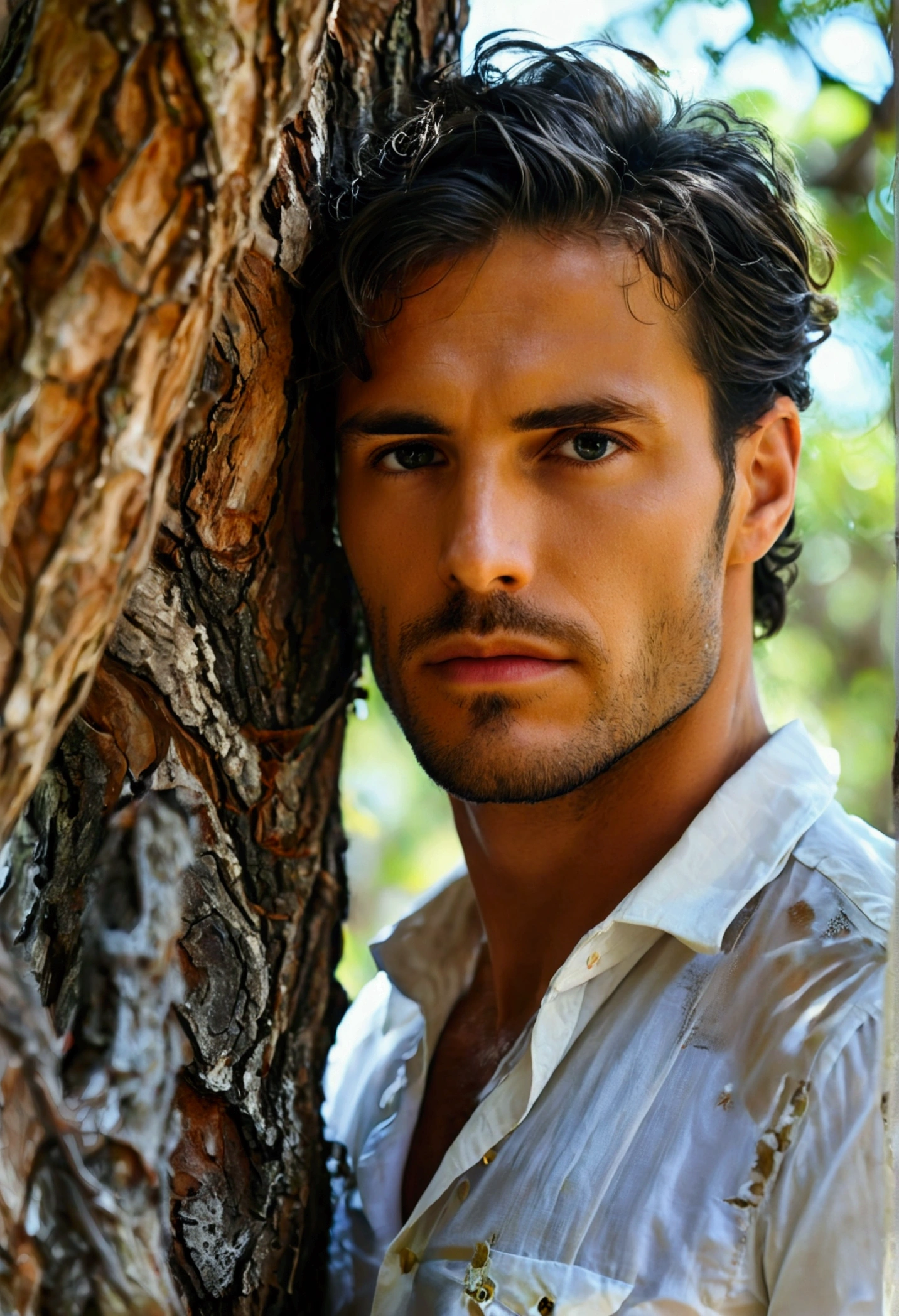 Arafed man leaning against a tree wearing a white shirt, Handsome man, dressed in white shirt, Handsome man, handsome and attractive, inspired by Ramon Pichot, inspired by Maximiliano Cercha, masculine and handsome, powder Gabor Szikszai, by Giorgio Cavallon, handsome and elegant, by Daniel Gelon, by Ramon Pichot