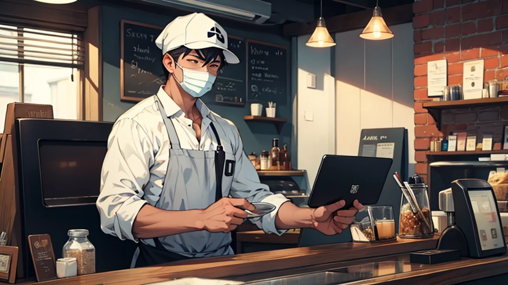A male cafe worker wearing a white mask. The man has a cold and looks ill. The male is alone. The male is thin.