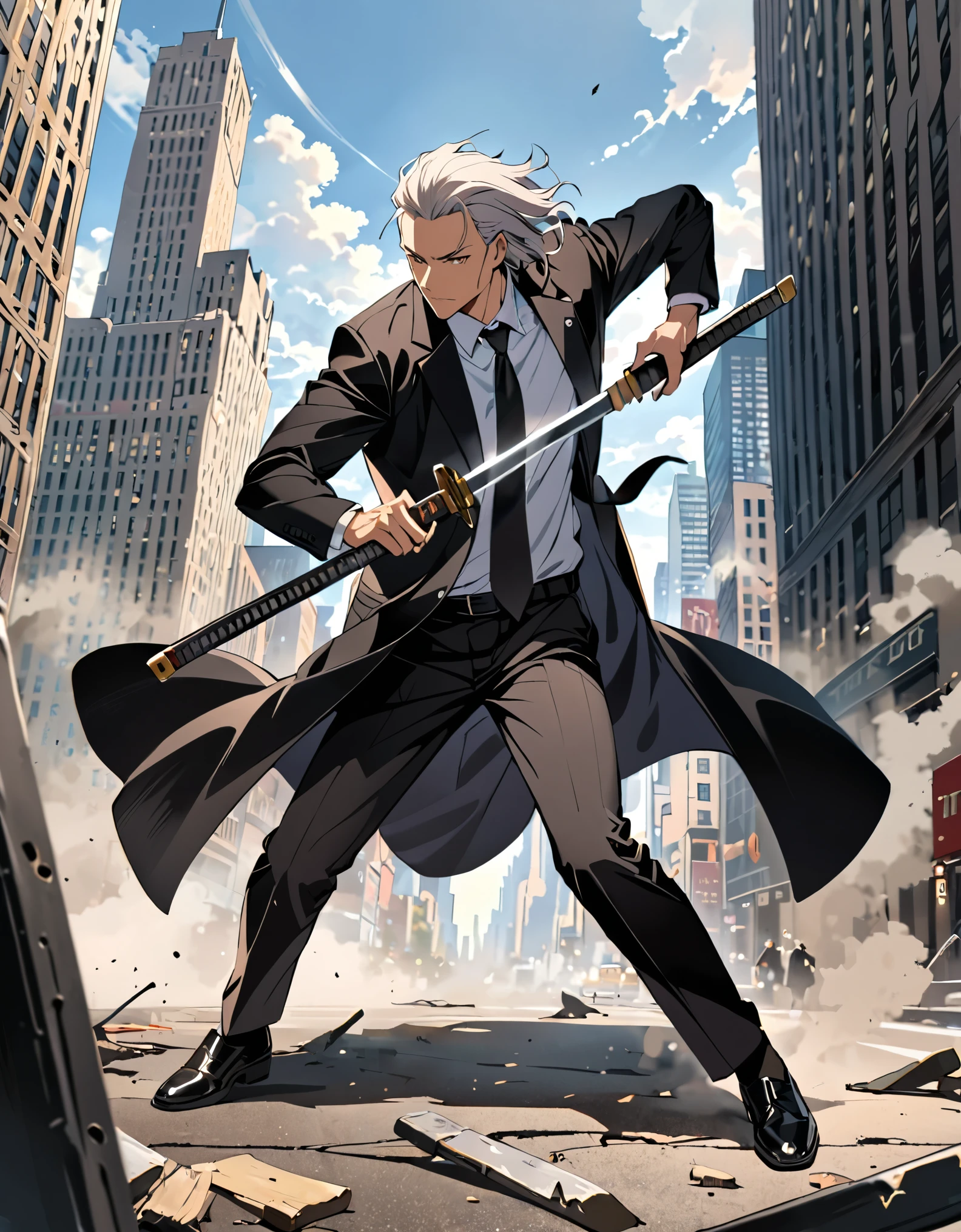(masterpiece), (best quality), (hires), 1male, male focus, solo, solo focus, black footwear, coat, open coat, formal, full body, holding, holding sword, holding weapon, long hair, long sleeves, male focus, black necktie, old, old man, pants, shirt, solo, suit, katana, sword, weapon, white hair, hazel eyes, new york backdrop, cowboy shot, noir atmosphere