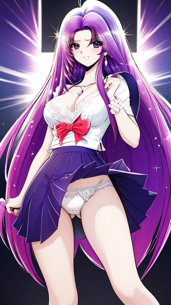 ultra-detailed、high resolution、extremely detailed CG、unity 8k wallpaper、official art、super detailed skin、perfect anatomy、cinematic lighting、beautiful detailed eyes、depth of field、ideal ratio body proportions、
anime colored、kyoto animation、(Hair is purple、White skin、Eyes are pale red)、High school girl, delinquent girl, gal, 18 years old, school-issued 3/4 length uniform, checked pleated skirt, great style, flirty, earrings, necklace, medium length hair, hair accessory, (showing lace panties, panties visible, lifting skirt hem: 1.3), (pulling panties down, thick pubic hair, lots of pubic hair: 1.2),
mature, sexly, teary-eyed, embarrassed, disgusted, in a bad mood,