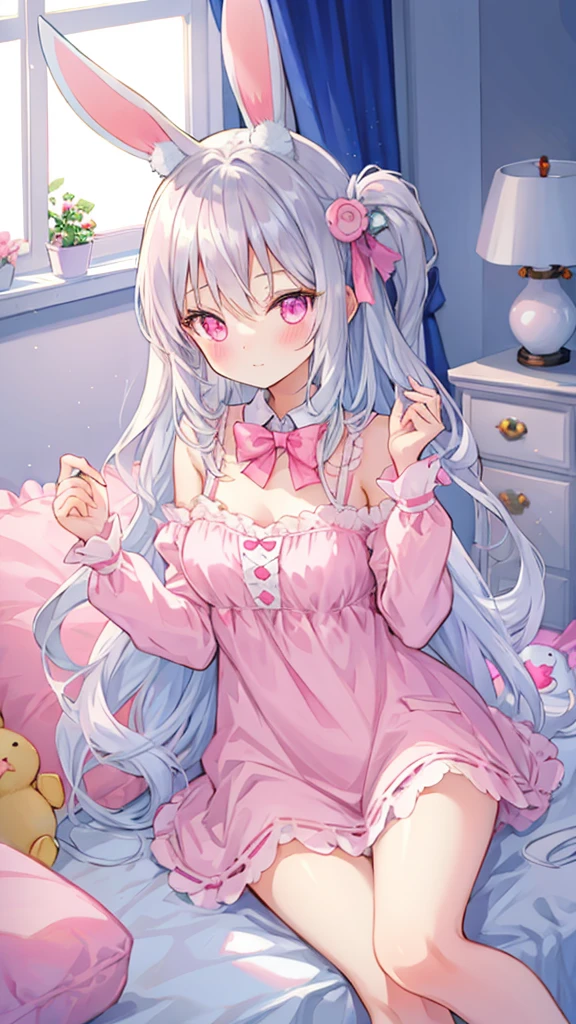 beautiful illustration, best quality, cute girl, bedroom, pastel color, fluffy bunny ears, , silver long hair, rabbit stuffed toy, bright lighting, light pink eyes