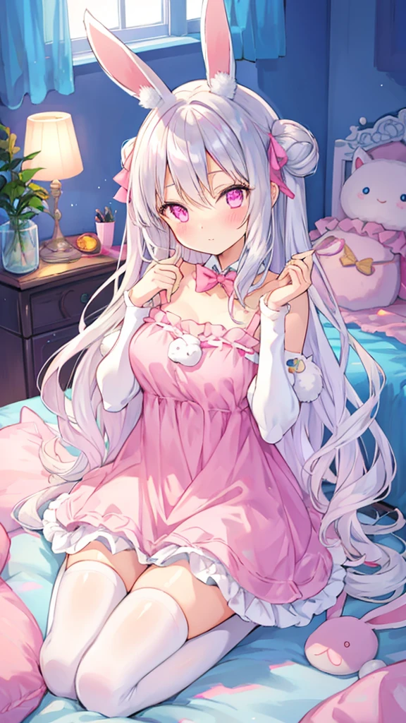 beautiful illustration, best quality, cute girl, bedroom, pastel color, fluffy bunny ears, , silver long hair, rabbit stuffed toy, bright lighting, light pink eyes