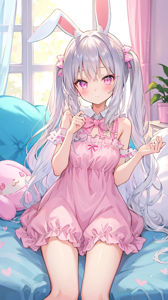 beautiful illustration, best quality, cute girl, bedroom, pastel color, fluffy bunny ears, , silver long hair, rabbit stuffed toy, bright lighting, light pink eyes