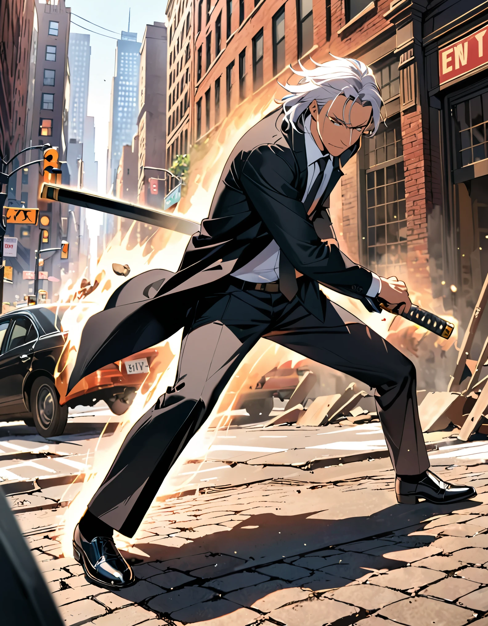(masterpiece), (best quality), (hires), 1male, male focus, solo, solo focus, black footwear, coat, open coat, formal, full body, holding, holding sword, holding weapon, long hair, long sleeves, male focus, black necktie, old, old man, pants, shirt, solo, suit, katana, sword, weapon, white hair, hazel eyes, new york backdrop, cowboy shot, noir atmosphere