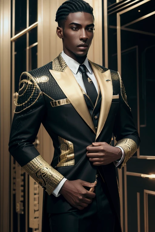 Handsome Man in late thirties, wearing ssahc, ssahc, ssahc clothing, ssahc accessories , wearing luxury tech, modest and elegant suit, suit is black and gold, background is cyberpunk