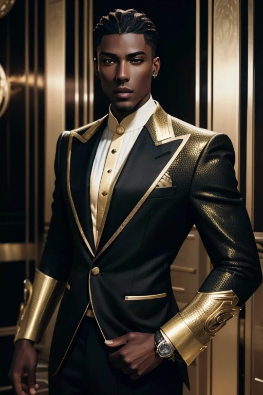 Handsome Man in late thirties, wearing ssahc, ssahc, ssahc clothing, ssahc accessories , wearing luxury tech, modest and elegant suit, suit is black and gold, background is cyberpunk