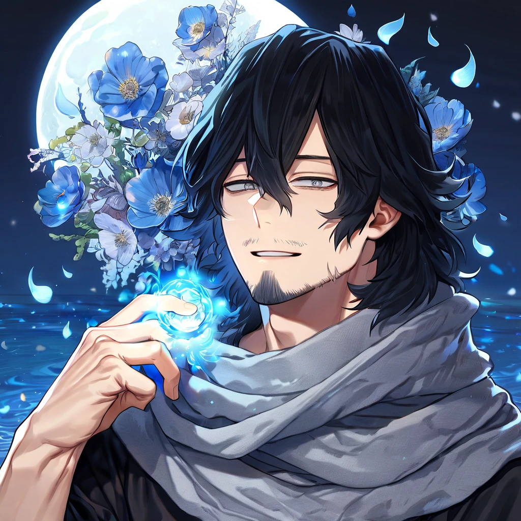 absurdres, highres, ultra detailed, HDR, master piece, Erased Head, black hair, medium hair, expressive grey eyes, faint beard, Boku No Hero Academia, sexy man, solo, handsome, best quality, blue moon, flowers, fantasy, magical, water, blue shining fireflies, blue petals, gray scarf, black shirt, handsome smile,