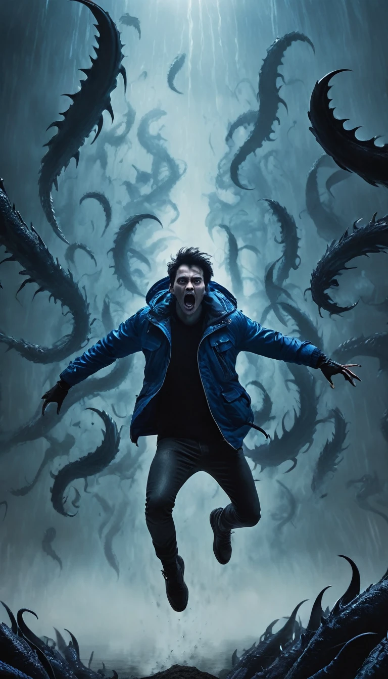 side view, a man floating in mid-air falling down the void, centered, wearing a blue jacket, lateral view. the wide infinite walls are filled entirely with demonic monsters with black melting skin, overlapping and interwhinted monsters, hundreds of monsters strech their claws trying to reach the man body, horror art, dim light, digital illustration, long shot, dramatic light, long aerial shot, fog and mist atmosphere, hundreds of claws, inmense void, speed sensation, gloom and eerie, monsters hundred claws, obscure,