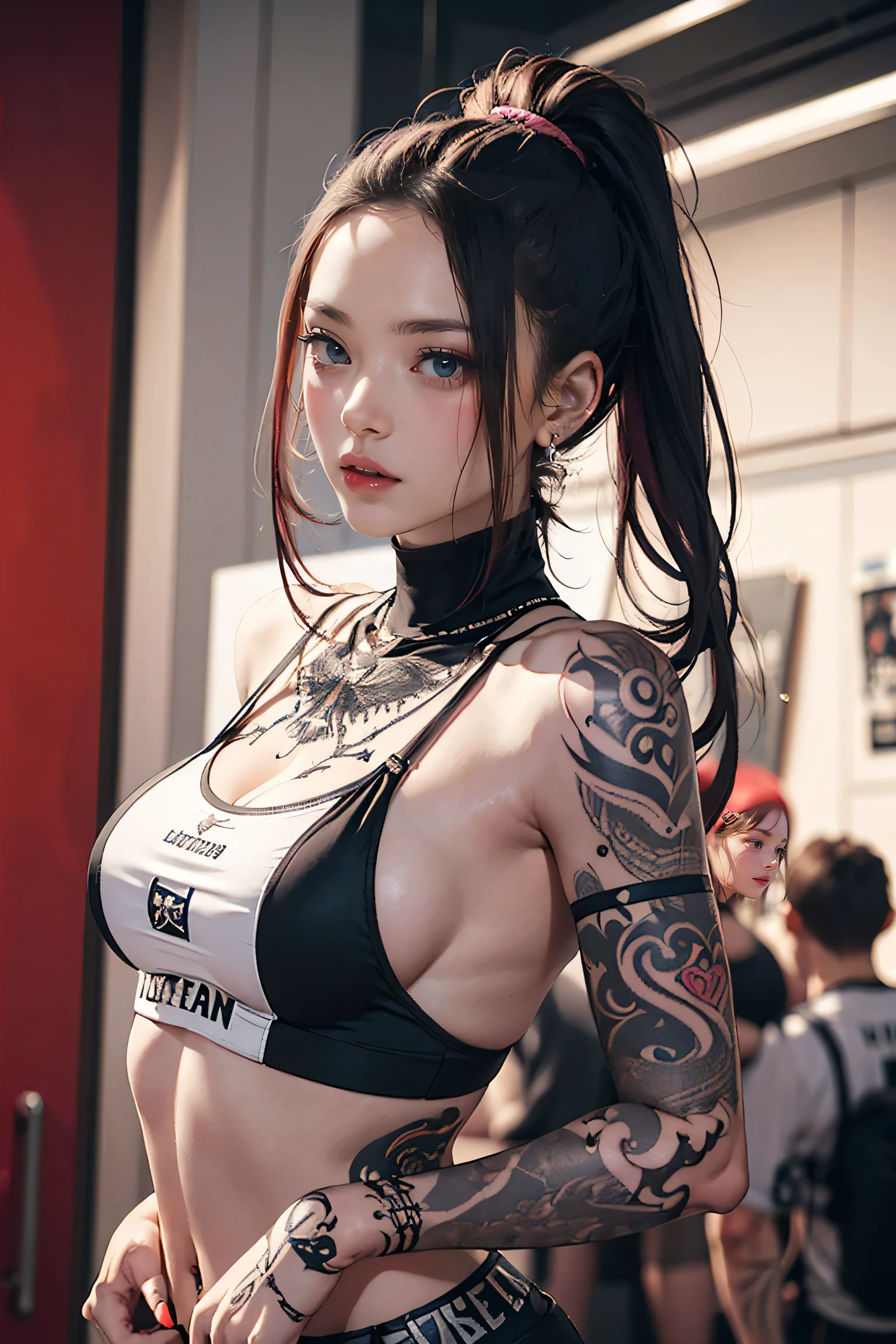 Perfect Style, Beautiful Face, Highly detailed face and skin texture, (Maximum resolution: 1.2), 1 female, alone, Hip Up, jewelry, (((She has many tattoos all over her body)), Streetwear, I'Exercising at the gym, Pink Hair, Shorts, Sports boots, (((Tight waist))), ((Big Breasts))