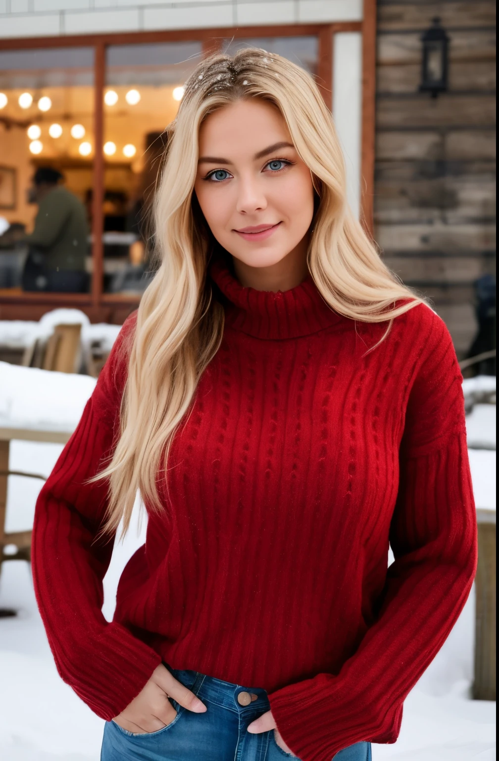 Instagram profile photo, super realistic woman, with a large pronounced bust, green eyes, long blonde hair, wears a RED sweater, in a cafe in the snow, you can see her nipples, large, great cleavage, red sweater, cafe , daylight, in a hotel
, huge breasts