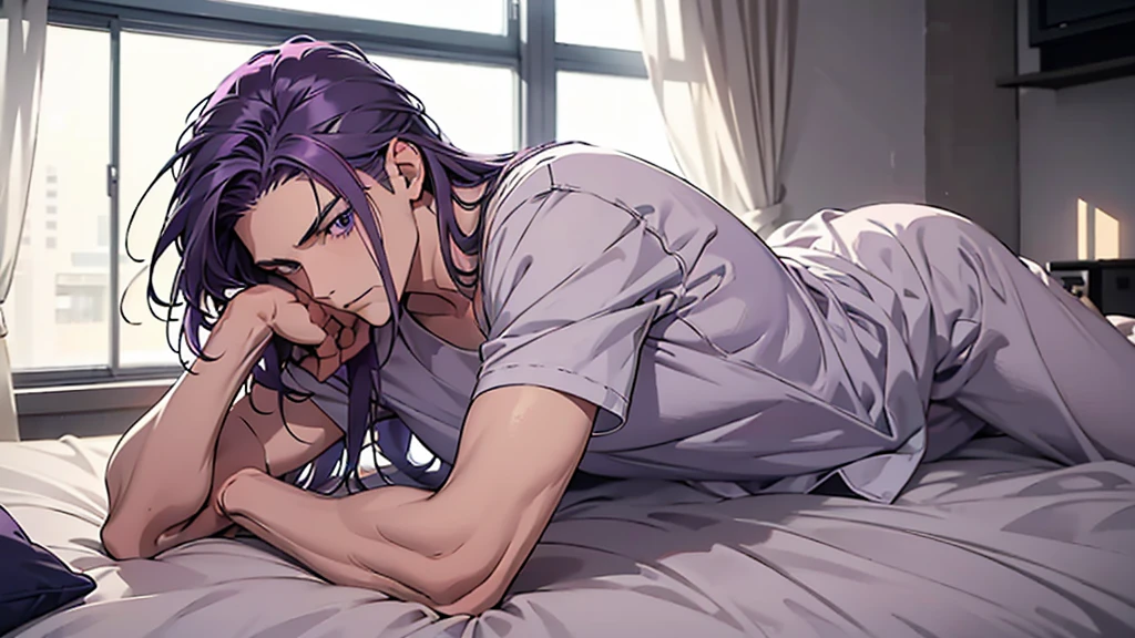 A small concrete room, a single bed, a purple-haired boy lying on his back on the bed, his arms covering his face, a thin body, a white shirt, shoulder-length hair, fluorescent lighting, the sheets are messy