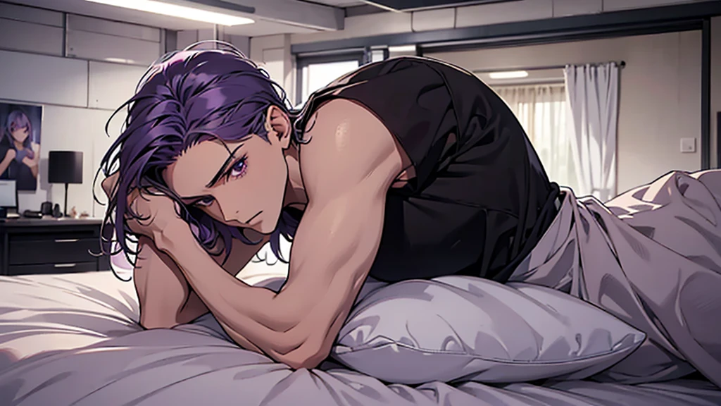 A small concrete room, a single bed, a purple-haired boy lying on his back on the bed, his arms covering his face, a thin body, a white shirt, shoulder-length hair, fluorescent lighting, the sheets are messy