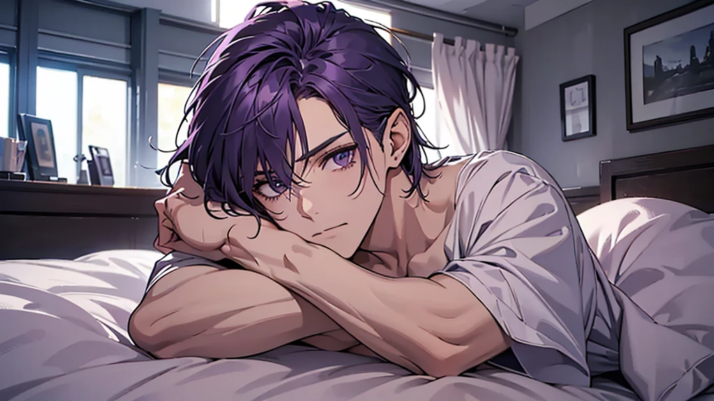 A small concrete room, a single bed, a purple-haired boy lying on his back on the bed, his arms covering his face, a thin body, a white shirt, shoulder-length hair, fluorescent lighting, the sheets are messy