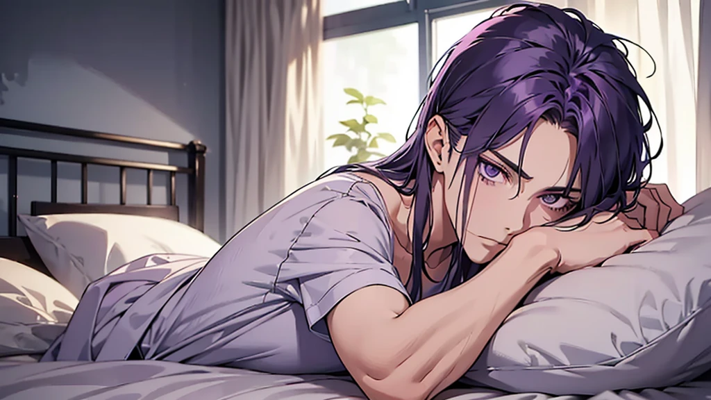 A small concrete room, a single bed, a purple-haired boy lying on his back on the bed, his arms covering his face, a thin body, a white shirt, shoulder-length hair, fluorescent lighting, the sheets are messy