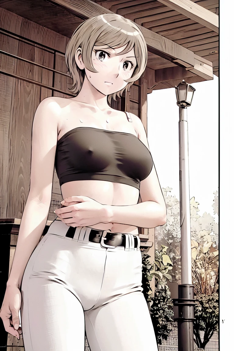 (Baseball uniforms:1.2),
blonde, (short hair:1.2),White trousers、Black belt、((Illustration of people))、Tube top bra、
View your viewers,, (Highest quality:1.3), White pants、Outdoor、baseball ground、ground、soil、blue eyeasterpiece、Highest quality)、Highest quality, Ultra-high resolution, (((masterpiece))), alone, Sweat、Big eyes、Large breasts、Torn clothes、 Fully exposed、Nipples、One Girl, Front view、Embarrassed face、Bronze colored hair、((short hair))、Stand up straight、Cowboy Shot