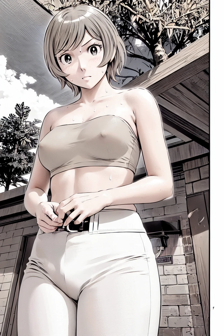 (Baseball uniforms:1.2),
blonde, (short hair:1.2),White trousers、Black belt、((Illustration of people))、Tube top bra、
View your viewers,, (Highest quality:1.3), White pants、Outdoor、baseball ground、ground、soil、blue eyeasterpiece、Highest quality)、Highest quality, Ultra-high resolution, (((masterpiece))), alone, Sweat、Big eyes、Large breasts、Torn clothes、 Fully exposed、Nipples、One Girl, Front view、Embarrassed face、Bronze colored hair、((short hair))、Stand up straight、Cowboy Shot