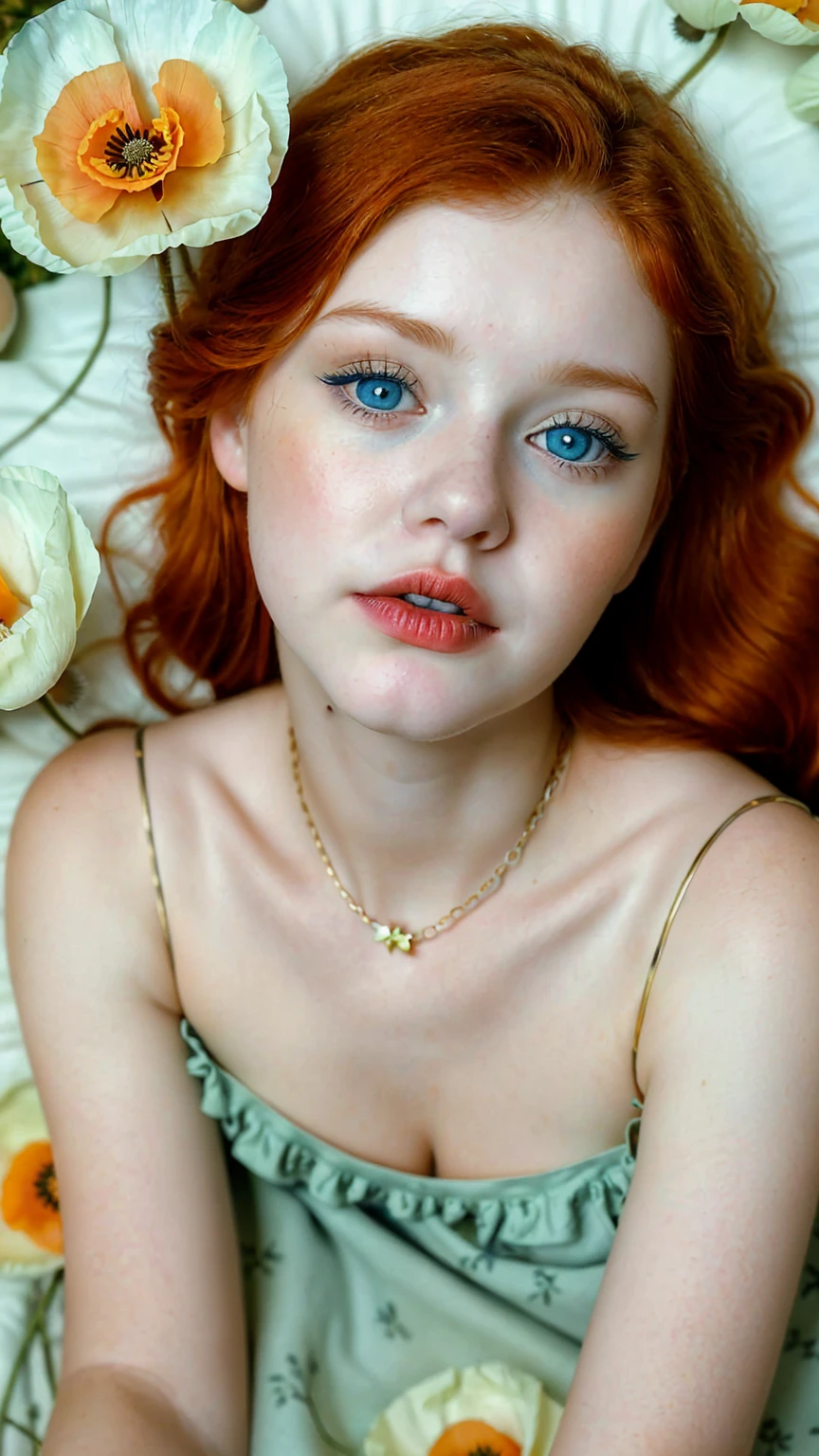 **Analog photography of a redhead girl, 18 years old, with blue eyes, soft makeup, and bold pink puffy lips. Her curly hair frames her very pale skin, highlighting her huge round breasts, she is dressed in a lingerie-set, and gold-wide chains. Oversized eyeglasses(that frame her face), and wears platform-heels on feet.** She is captured on a cute print-blanket, (her mouth is slightly open, her lips almost touching her shoulder), Ethereal atmosphere, The fine art style, attention to details and soft pastel color palette creates a narrative that's both enchanting and delightful. Second Exposure: An overlay of a poppy-flowers. Description: ((The double exposure creates a magical blend where the girl appears to be part of the natural poppy flowers-symbolizing the harmony between humanity and nature. The Chemistry-print background give the image a scientific-like quality)).((CLOSE UP SHOT, WITH HER BOLD PINK LIPS)), ((FROM THE ABOVE VIEW)), ((Image in a Bright and Lush Greens))