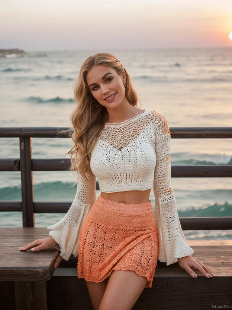 Solo realistic, 30 years old woman, 30 years old version of Madison Beer, Photorealistic, Realistic, Norwegian high nose, ((Norwegian long wavy curl blonde hair)), Norwegian pink fuller lips, ((Norwegian light brown eye)), (((body and face wrinkles))), (((she is seductively standing on a bar area near the beach might be enjoying a unique blend of relaxation, seaside ambiance, and social interaction. The setting likely offers a laid-back atmosphere with views of the ocean or the beach, providing a backdrop of crashing waves, salty air, and perhaps a picturesque sunset or vibrant colors of dusk.))), (((she is wearing a color orange crochet skirt and crochet cropped bell-sleeve oversize long sleeve))), she is looking at the camera smiling, (((dynamic pose)))