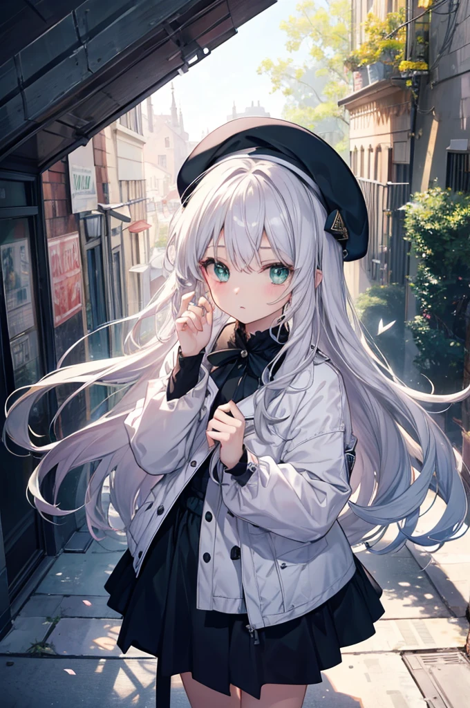 Concept Art、masterpiece、Right hand in front、Extend your right hand、Panic look、Fluttering Hair、Silver Hair、Long Hair、Green Eyes、Shot from above、Give it back!、beret