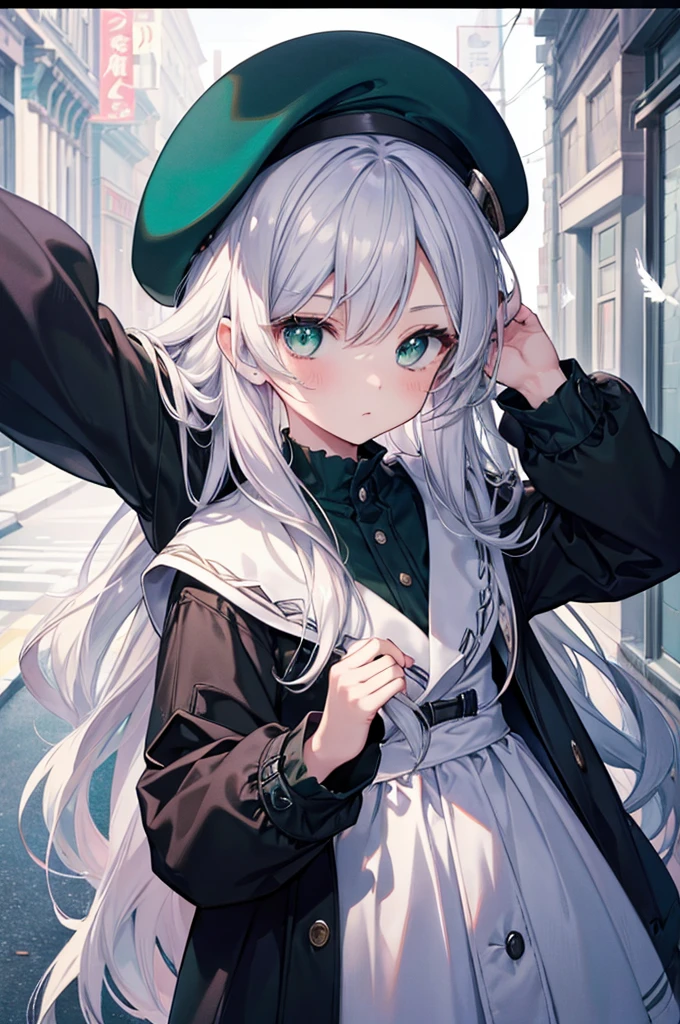Concept Art、masterpiece、Right hand in front、Extend your right hand、Panic look、Fluttering Hair、Silver Hair、Long Hair、Green Eyes、Shot from above、Give it back!、beret