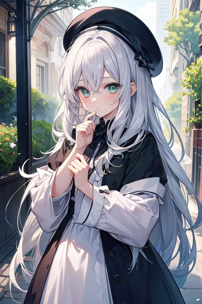 Concept Art、masterpiece、Right hand in front、Extend your right hand、Panic look、Fluttering Hair、Silver Hair、Long Hair、Green Eyes、Shot from above、Give it back!、beret