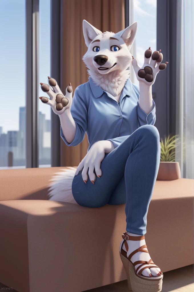 Barbara\(Moscow\), (white body:1.3), white fur, blue eyes, Moscow, dressed, denim shirt, jeans, 
sandals heels dog, wolf, Detailed fur, Woman, breasts, anthro, paw pads , finger claws, treats guests, waving to the viewer, 5 fingers, paws, 4 toes, pink claws, 
BREAK from nextel, for dating, from xenoforge, (complex, high detail, film shooting, soft focus, RAW sitting at home, 
Photorealism, realism, photorealism, digital style, Subsurface scattering,
masterpiece, Best quality, ultra realistic, 8k)