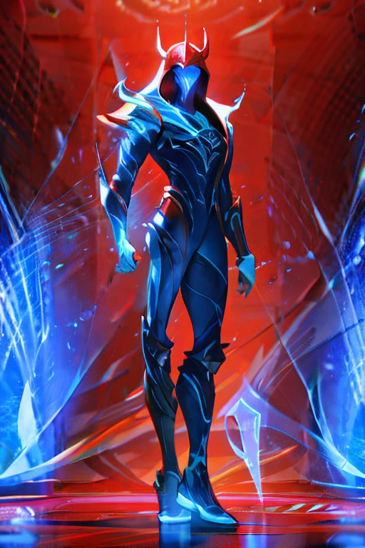 1male, full body realistic hooded sharp ornate armored warriors mans suite, waring mask, white and blue, red green neon, blue neon, extra details armor, Many details, night, front view, battlefield background, full body, full body, all body, front view, wide angle, ultra details, ultra resolution, ultra quality, unreal engine 5, cinematic light, cinematic lighting, cinematic lighting, feet out of frame, super detail, 16k, high quality, best quality, clothes texture, metal texture, high quality texture, high details, super details