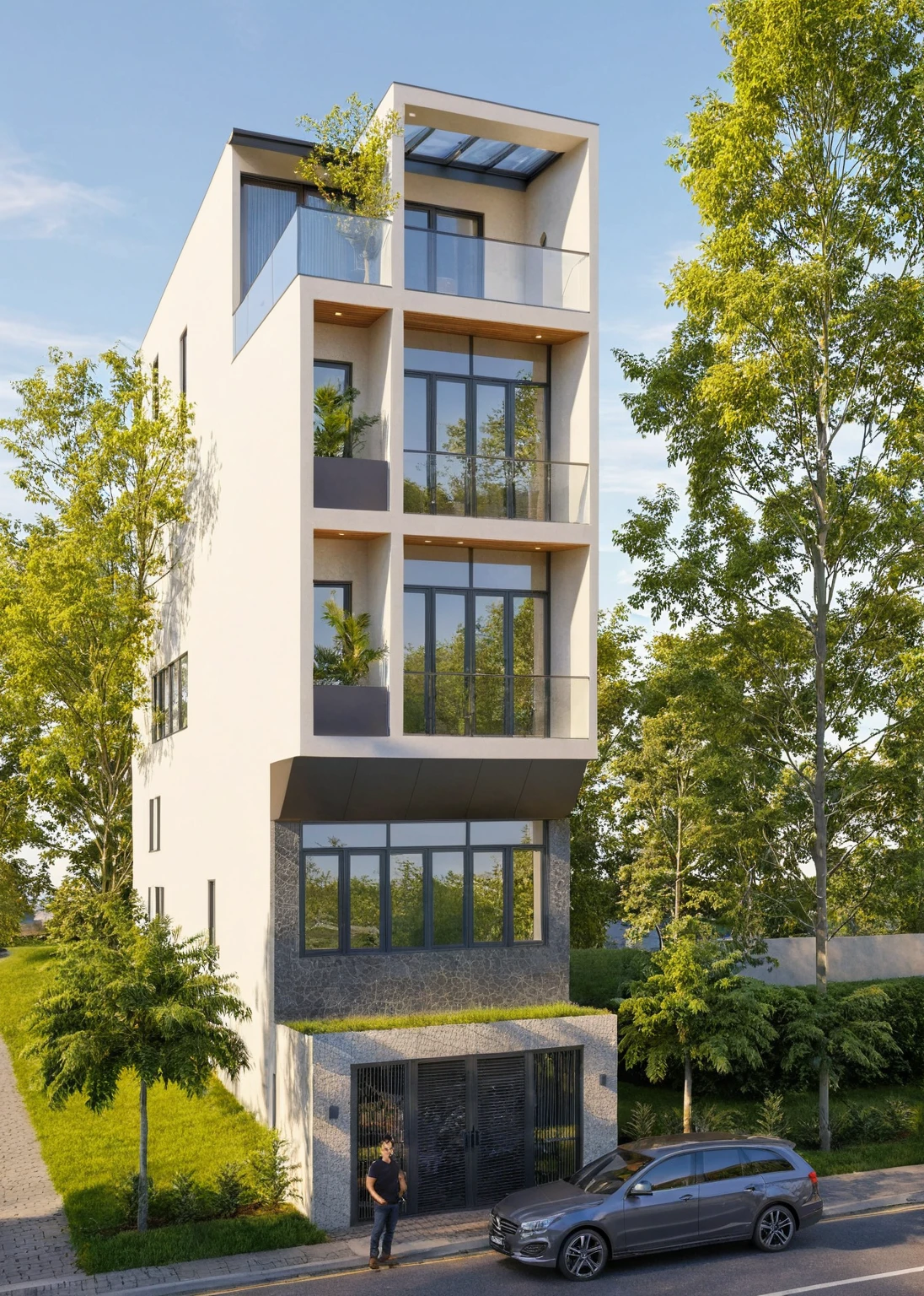 Photo brute,chef-d'artwork, high quality, best quality, authentique, Great detail,
Outside, en plein air, style de maison moderne dans la rue, glass windows, grille, plafond en bois,
route,pavement, des arbres, ciel, nuage, (day light:1.1)
