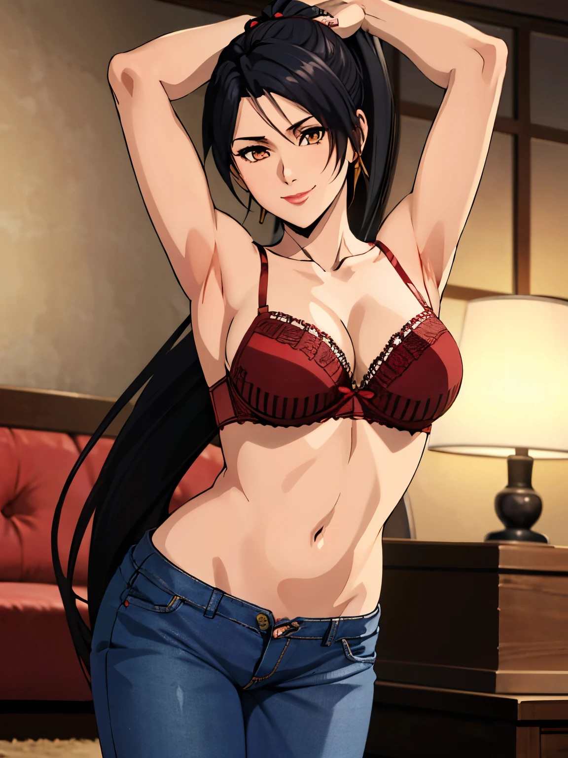lying:1.6, red strip bra, short jeans, home background, momiji, anime cels style, best quality, high resolution, 1girl, (big breasts:1.0), beautiful face, ponytail, black hair, long hair, long hair, little biceps, long belly, brown eyes, cowboy shot, light smile, red lipstick, stretching, attractive armpit