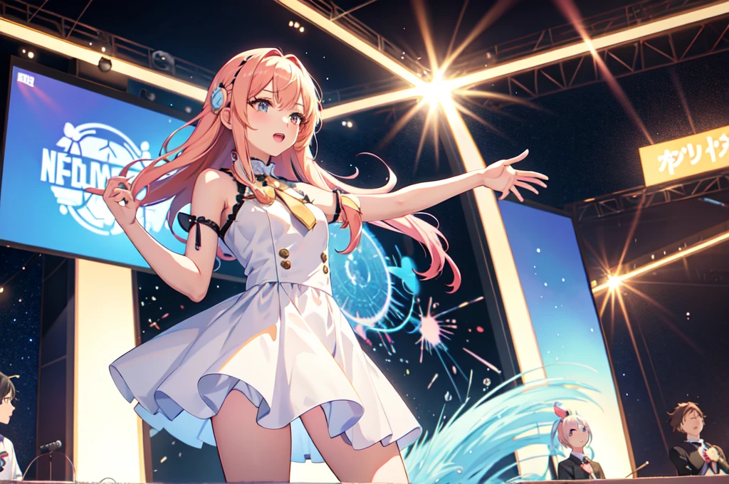 Anime girl singing into microphone in front of crowd, anime visual of a cute girl, Kawasi, Splash art anime , Best anime 4k konachan wallpaper, anime best girl, nightcore, cute anime waifu in a nice dress, anime moe art style, Anime art wallpaper 8 K, Anime art wallpaper 4k, Anime art wallpaper 4 K