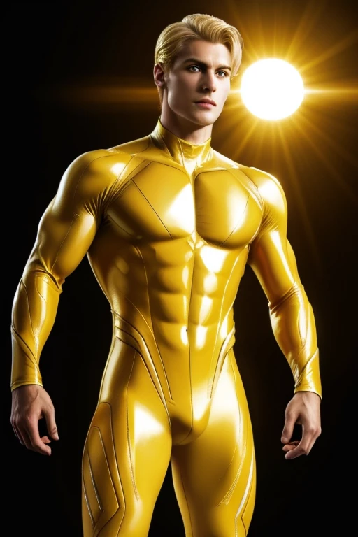 full body photorealistic An Alien handsome hunky masculine man from Krypton. Blonde hair , Super Athletic body. translucent eyes and prominent cheekbones. Wearing a form-fitting yellow and gold biomorphic bodysuit. With embossed sun on the chest, Futuristic Kryptonian background. intricate details, beautifully shot, hyperrealistic, sharp focus, 64 megapixels, perfect composition, high contrast, cinematic, atmospheric