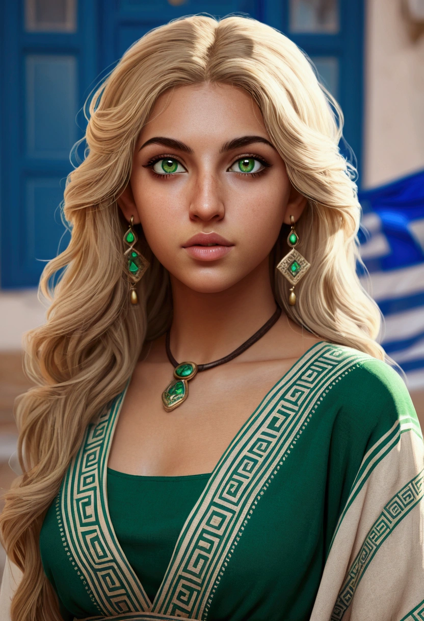(((absurdities))), (((Best Quality))), portrait, digital art, (trend on Artstation), ((1 girl)), 1 woman of 23 years old, exotic Latin woman, a woman with a tattoo((bright green eyes)), beautiful, (beige blonde long hair), (((Greek clothing))):0.9.