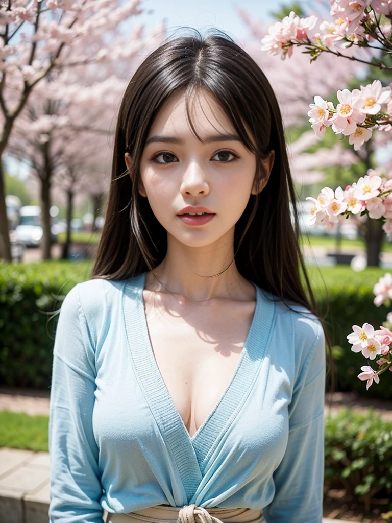 Best quality, 4K,8K,Realistic, Photorealistic, extremely detaile, An extremely delicate and beautiful, RAW photo, Japanese and Korean beauties，South Korean beauties，Wear JK, mini-skirts，Large breasts，(Beautiful detailed eyes,beautiful detailed lips,Extremely detailed eyes and face,long eyelasher), Beautiful hair, joyful expressions, Surrounded by cherry blossom trees, It has a kawaii anime style, In a picturesque garden full of sunshine. The artwork is of the best quality, With ultra-detailed features and realistic, Realistic touch. vibrant with colors，The lighting creates a warm atmosphere, Dreamy atmosphere.