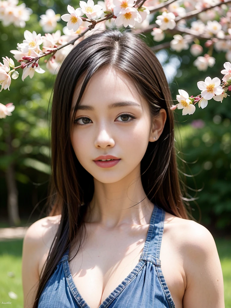 Best quality, 4K,8K,Realistic, Photorealistic, extremely detaile, An extremely delicate and beautiful, RAW photo, Japanese and Korean beauties，South Korean beauties，Wear JK, mini-skirts，Large breasts，(Beautiful detailed eyes,beautiful detailed lips,Extremely detailed eyes and face,long eyelasher), Beautiful hair, joyful expressions, Surrounded by cherry blossom trees, It has a kawaii anime style, In a picturesque garden full of sunshine. The artwork is of the best quality, With ultra-detailed features and realistic, Realistic touch. vibrant with colors，The lighting creates a warm atmosphere, Dreamy atmosphere.