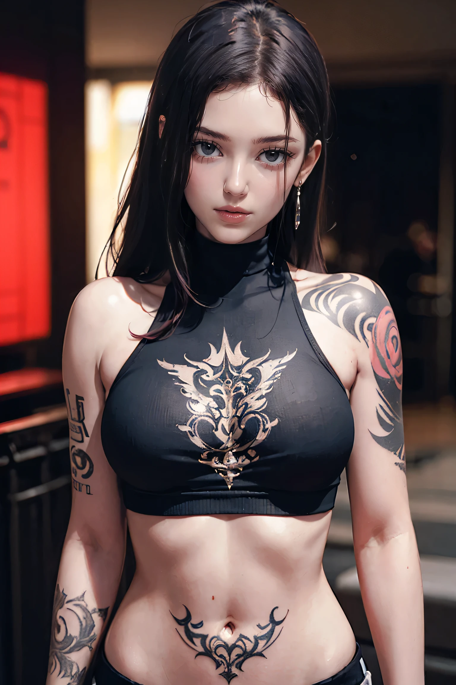 Perfect Style, Beautiful Face, Highly detailed face and skin texture, (Maximum resolution: 1.2), 1 female, alone, Hip Up, jewelry, (((She has many tattoos all over her body)), Streetwear, I'Exercising at the gym, Pink Hair, Shorts, Sports boots, (((Tight waist))), ((Big Breasts))