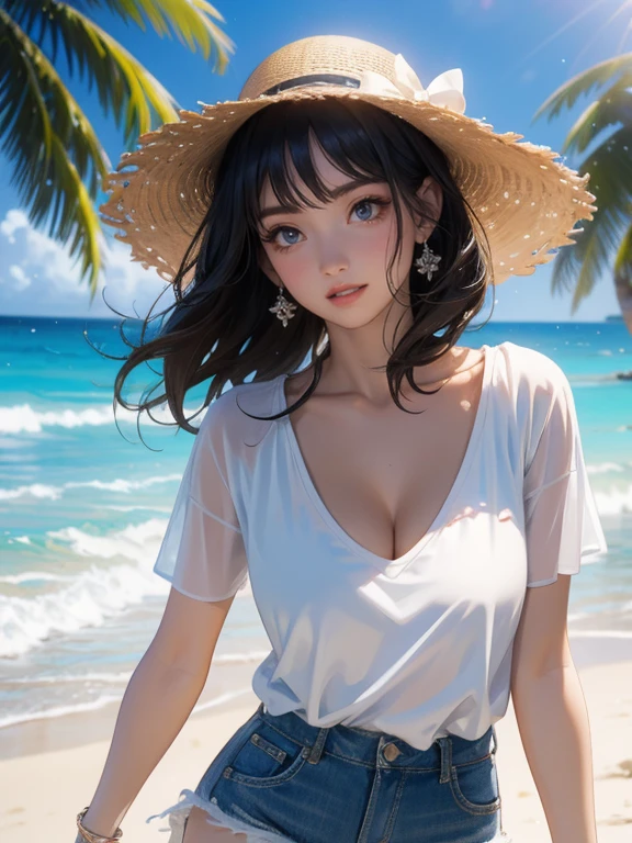 (Highest quality、masterpiece、High resolution、8K)、Vibrant colors、Young and beautiful woman 1、whole body、Brown and black short bob、barefoot、(Detailed face、Beautiful Eyes、Beautiful nose、Pretty lips)、Beautiful cleavage、A woman in a white T-shirt and shorts runs on the beach、Surprised Smile、Official Art、The background is the sea、blue sky、White waves and wide sandy beach、Wide forest、White Entrance Cloud、