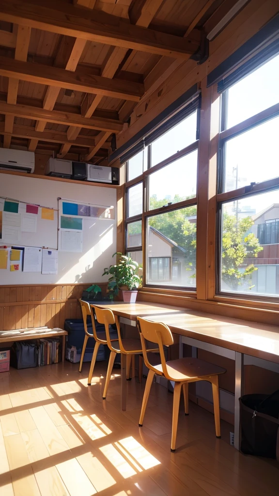 The student council room is a bright and spacious area, filled with the vibrant and energetic atmosphere of students aspiring to be idols. Large windows allow natural light to flood in, with decorative curtains adding a touch of glamour. At the center is a wooden conference table surrounded by pastel and brightly colored chairs, where student council members gather for meetings and event preparations. The walls are adorned with whiteboards filled with schedules and ideas written in colorful markers, and bulletin boards displaying important information, event posters, and photos decorated with ribbons and stickers, including idol-related activities. Shelves are neatly lined with school documents, student council records, and books, including performance-related books and magazines. A cozy lounge area with plush sofas, vibrant cushions, and stuffed animals offers a space for casual meetings and relaxation, where conversations about dance and vocal training frequently occur. The room is equipped with computers and projectors for presentations and document creation, also used for watching and practicing idol performance videos. In one corner of the room, there is a live costume area where stage outfits and accessories are neatly hung, ready for the next performance. There is also a fitting space for costume checks. Seasonal decorations, past event photos, and handmade crafts by the girls brighten the space, creating a welcoming and cheerful atmosphere. Small potted plants, flowers, and fairy lights enhance the room's inviting feel, alongside posters and autographs of idols. This description should be visualized as if captured by a professional photographer, highlighting the vibrant colors, the lively atmosphere, and the meticulous organization of the room. The natural light streaming in, the colorful decorations, and the energetic presence of the students all contribute to a dynamic and inspiring environment, perfect for aspiring idols.