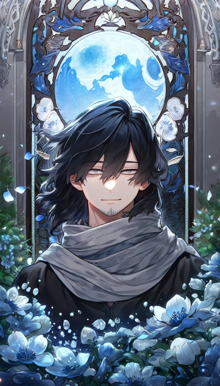 absurdres, highres, ultra detailed, HDR, master piece, Erased Head, black hair, medium hair, expressive grey eyes, faint beard, Boku No Hero Academia, sexy man, solo, handsome, best quality, blue moon, flowers, fantasy, magical, water, blue shining fireflies, blue petals, gray scarf, black shirt, handsome smile,